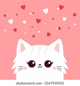 Cat face head. White fluffy kitten. White red hearts. Happy Valentines Day. Cute cartoon funny kitty character. Kawaii animal in love. Greeting card . Flat design. Pink background Vector illustration