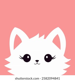 Cat face head. White fluffy kitten. Happy Valentines Day. Cute cartoon funny kitty character. Kawaii animal in love. Greeting card . Flat design. Pink background. Isolated. Vector illustration