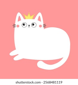 Cat face head. White kitten girl princess golden crown. Cute cartoon funny kitty character. Kawaii animal in love. Happy Valentines Day. Love Greeting card . Flat design. Pink background. Vector