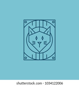 cat face hypnotize on rectangle frame monoline logo emblem badge
