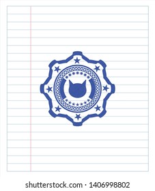 cat face icon drawn with pen. Blue ink. Vector Illustration. Detailed.