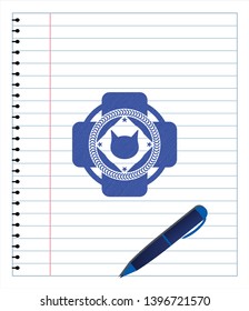 cat face icon emblem with pen effect. Blue ink. Vector Illustration. Detailed.