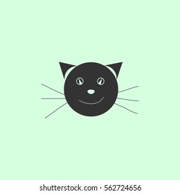 Cat face icon flat. Grey vector symbol on green background