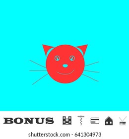 Cat face icon flat. Red pictogram on blue background. Vector illustration symbol and bonus buttons Music center, corkscrew, credit card, house, drum