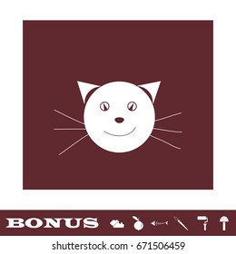 Cat face icon flat. White pictogram on brown background. Vector illustration symbol and bonus icons