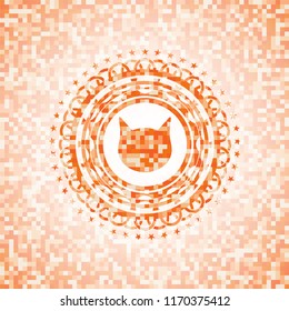 cat face icon inside abstract orange mosaic emblem with background