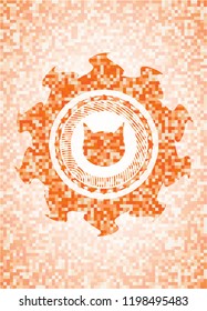 cat face icon inside abstract orange mosaic emblem with background