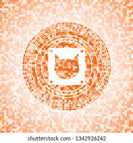 cat face icon inside abstract emblem, orange mosaic background