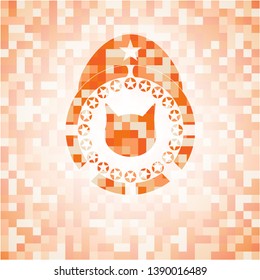 cat face icon inside abstract emblem, orange mosaic background
