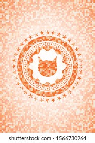 cat face icon inside abstract orange mosaic emblem with background