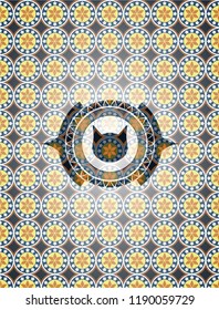 cat face icon inside arabesque badge background. arabic decoration.
