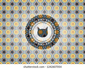 cat face icon inside arabesque badge background. arabic decoration.