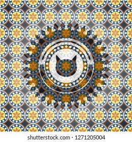 cat face icon inside arabesque badge background. arabic decoration.