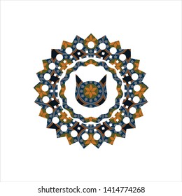 cat face icon inside arabesque badge. arabic decoration.