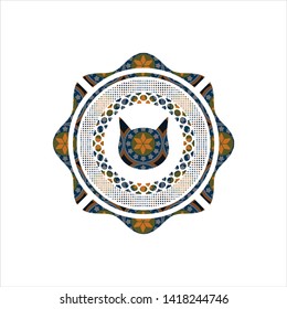cat face icon inside arabesque style emblem. arabic decoration.