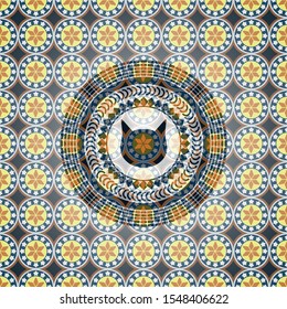cat face icon inside arabesque emblem background. arabic decoration.