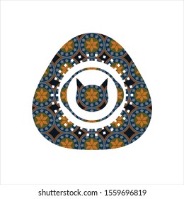 cat face icon inside arabesque badge background. arabic decoration.