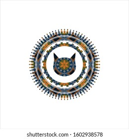 cat face icon inside arabesque style emblem. arabic decoration.