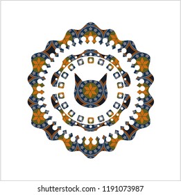 cat face icon inside arabic badge background. Arabesque decoration.