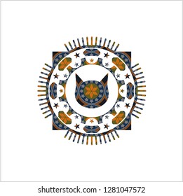 cat face icon inside arabic badge. Arabesque decoration.