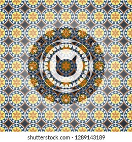 cat face icon inside arabic badge background. Arabesque decoration.