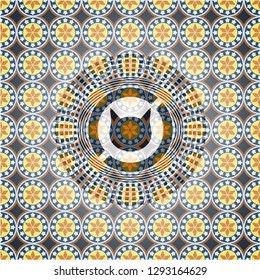 cat face icon inside arabic badge background. Arabesque decoration.