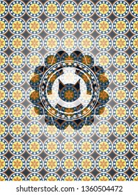 cat face icon inside arabic style emblem. Arabesque decoration.