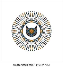 cat face icon inside arabic style emblem. Arabesque decoration.