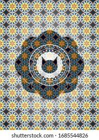 icono de la cara del gato dentro del emblema árabe. Decoración árabe.