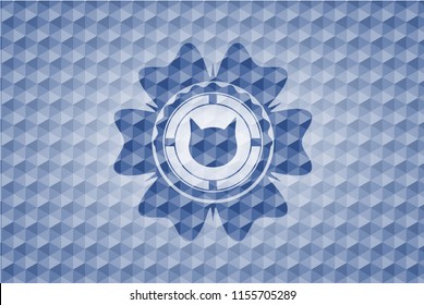 cat face icon inside blue emblem with geometric pattern background.