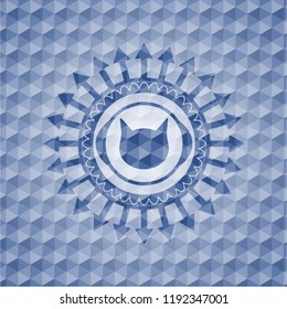cat face icon inside blue badge with geometric pattern background.