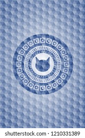 cat face icon inside blue emblem with geometric pattern.