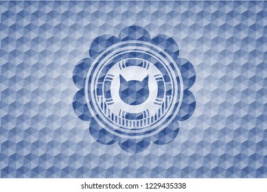 cat face icon inside blue badge with geometric background.