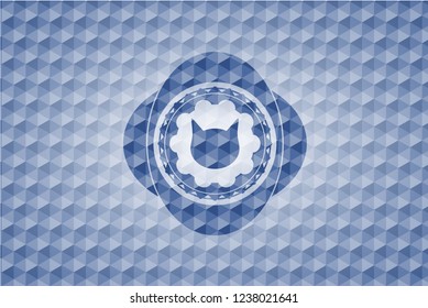 cat face icon inside blue badge with geometric background.