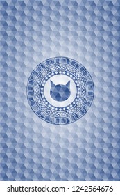 cat face icon inside blue emblem or badge with abstract geometric pattern background.