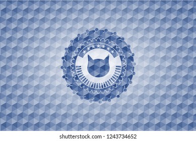 cat face icon inside blue emblem or badge with geometric pattern background.