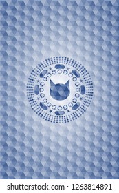 cat face icon inside blue emblem with geometric pattern.