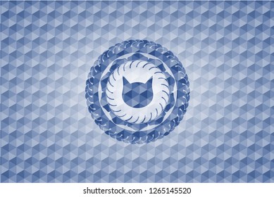 cat face icon inside blue emblem with geometric pattern.