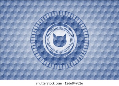 cat face icon inside blue emblem or badge with geometric pattern background.