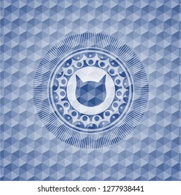 cat face icon inside blue emblem with geometric pattern.