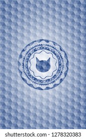 cat face icon inside blue emblem with geometric pattern.