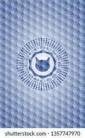 cat face icon inside blue emblem or badge with geometric pattern background.