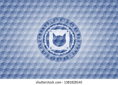 cat face icon inside blue badge with geometric pattern.