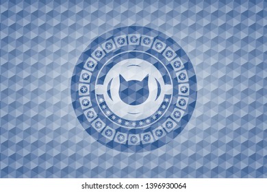 cat face icon inside blue badge with geometric pattern.