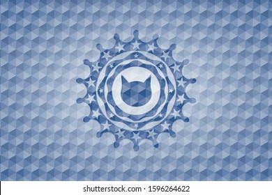 cat face icon inside blue badge with geometric background.