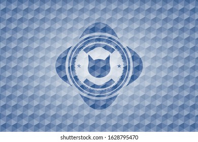 cat face icon inside blue badge with geometric pattern.