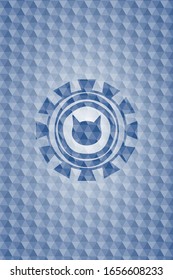 cat face icon inside blue emblem with geometric background.