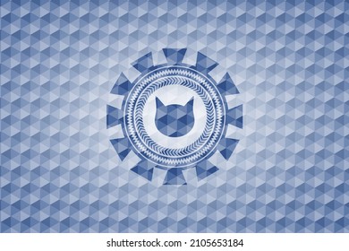 cat face icon inside blue polygonal badge. 