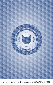 cat face icon inside blue badge with geometric pattern background. 