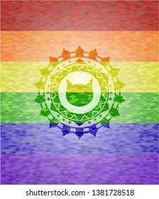 cat face icon inside emblem on mosaic background with the colors of the LGBT flag